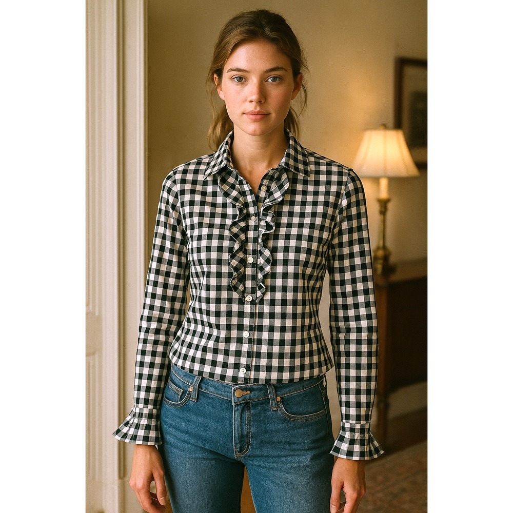 J. McLaughlin Black White Gingham Check Ruffle Front Preppy Button Shirt Size 2